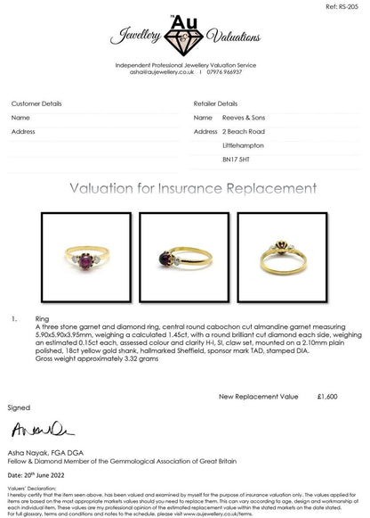 18ct yellow gold ring with a 1.45 carat garnet center stone and 0.30 carat diamonds, elegant unbranded jewelry piece.