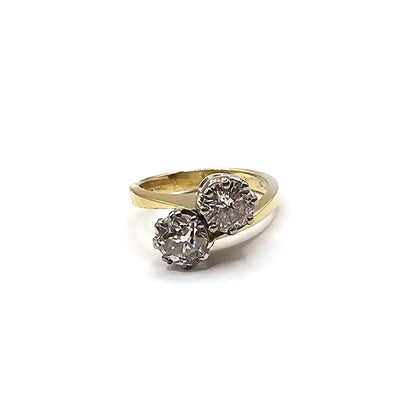 18ct yellow gold diamond two-stone crossover ring with 1.70 carats, size I, featuring elegant design and sparkling gemstones.