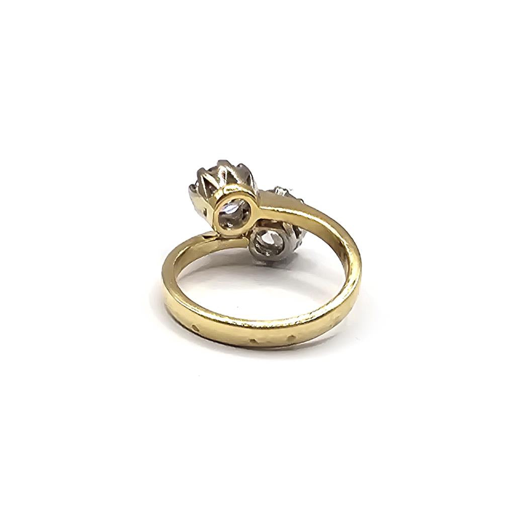 18ct yellow gold diamond two-stone crossover ring with 1.70 carats, size I, featuring elegant design and sparkling diamonds.