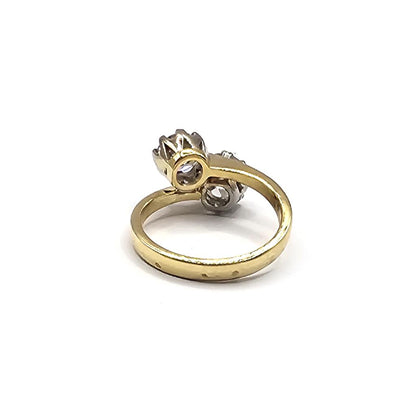 18ct yellow gold diamond two-stone crossover ring with 1.70 carats, size I, featuring elegant design and sparkling diamonds.