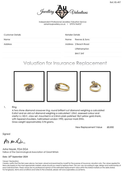 18ct yellow gold diamond two-stone crossover ring with 1.70 carats, size I, featuring a sleek, elegant design.