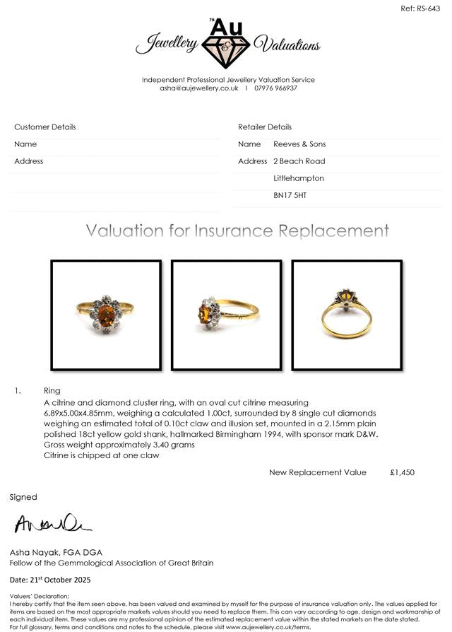18ct yellow gold citrine and diamond ring with a central citrine gemstone and diamond accents, elegant jewelry piece.