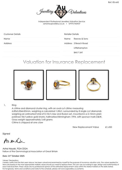 18ct yellow gold citrine and diamond ring with a central citrine gemstone and diamond accents, elegant jewelry piece.