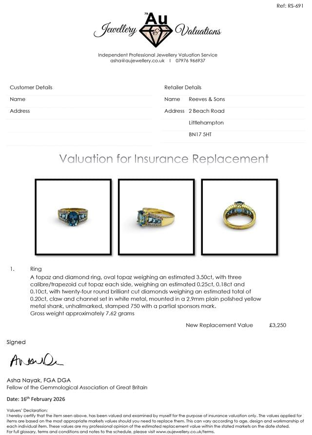18ct yellow gold ring with sparkling diamonds and topaz gemstone, featuring a elegant design and unbranded craftsmanship.