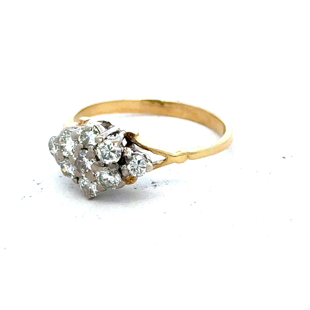 18ct yellow gold diamond cluster ring showcasing a sparkling diamond arrangement on a sleek gold band.