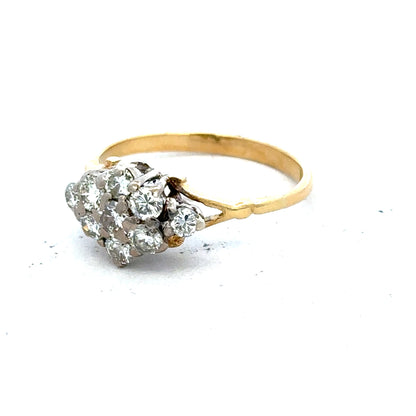 18ct yellow gold diamond cluster ring showcasing a sparkling diamond arrangement on a sleek gold band.