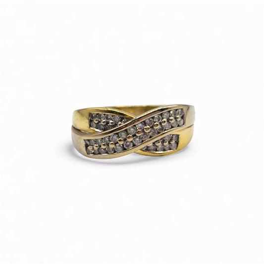 18ct yellow gold diamond crossover ring featuring sparkling diamonds and an elegant design, unbranded jewelry accessory.