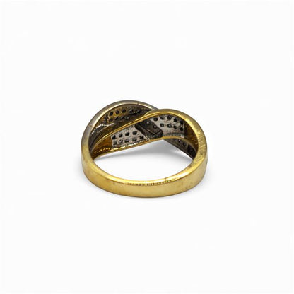 18ct yellow gold diamond crossover ring with sparkling diamonds, featuring a stylish unbranded design.