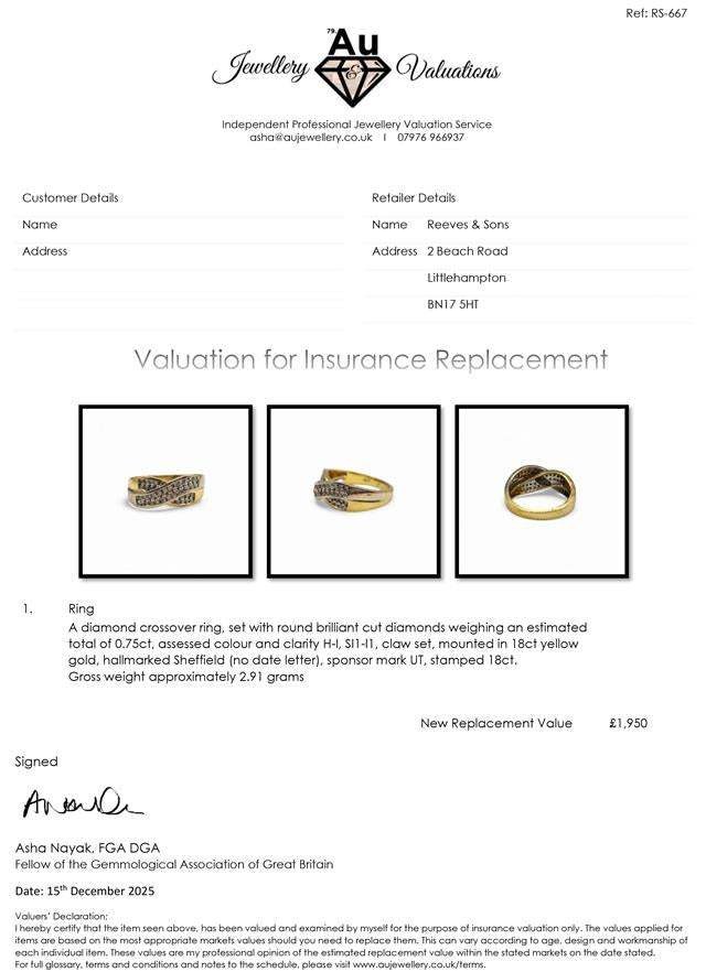 18ct yellow gold diamond crossover ring with sparkling diamonds, showcasing an elegant design and fine craftsmanship.