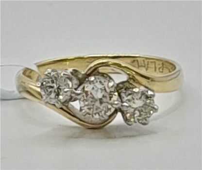 18ct yellow gold diamond ring in size J with intricate design, weighs 2.4g, unbranded, showcased in a close-up image.