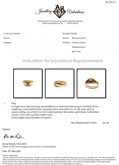 18ct yellow gold diamond ring in size S, featuring a sparkling diamond set in a classic unbranded jewelry design.