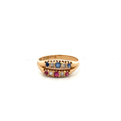 18ct yellow gold diamond, ruby, and sapphire ring size P with intricate gemstone detailing, unbranded jewelry ring.