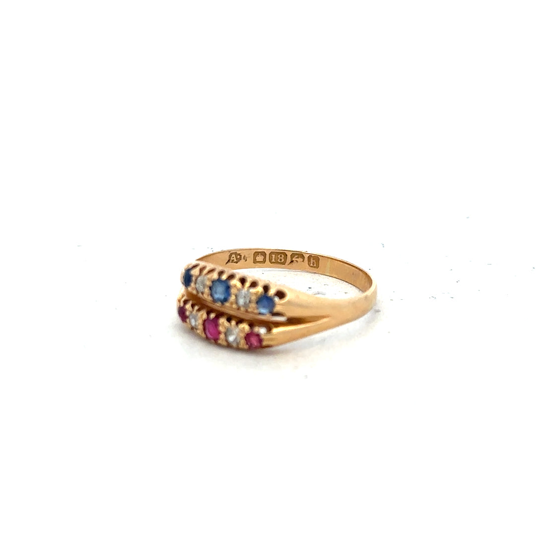 18ct yellow gold diamond, ruby, and sapphire ring in size P, featuring intricate gemstone details and craftsmanship.