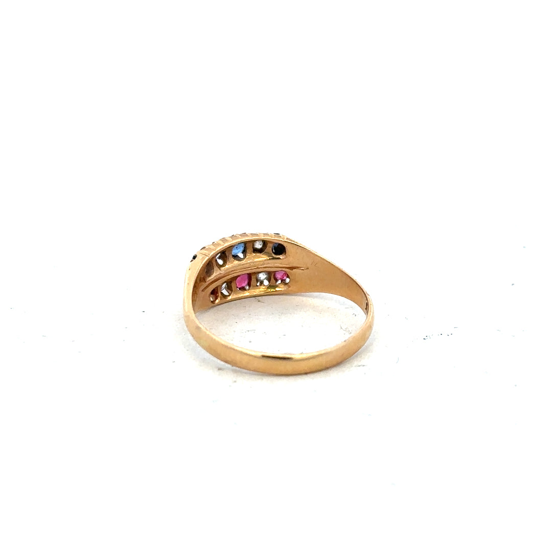 18ct yellow gold ring featuring diamonds, rubies, and sapphires in size P with intricate gemstone settings.