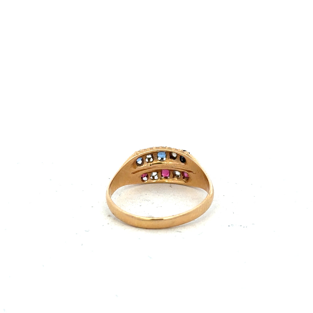 18ct yellow gold diamond, ruby, and sapphire ring in size P, featuring a detailed gemstone design.