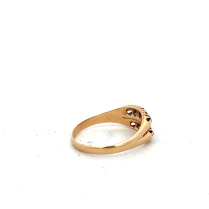 18ct yellow gold ring with diamonds, ruby, and sapphire, size P, showcasing colorful gemstones and elegant design.