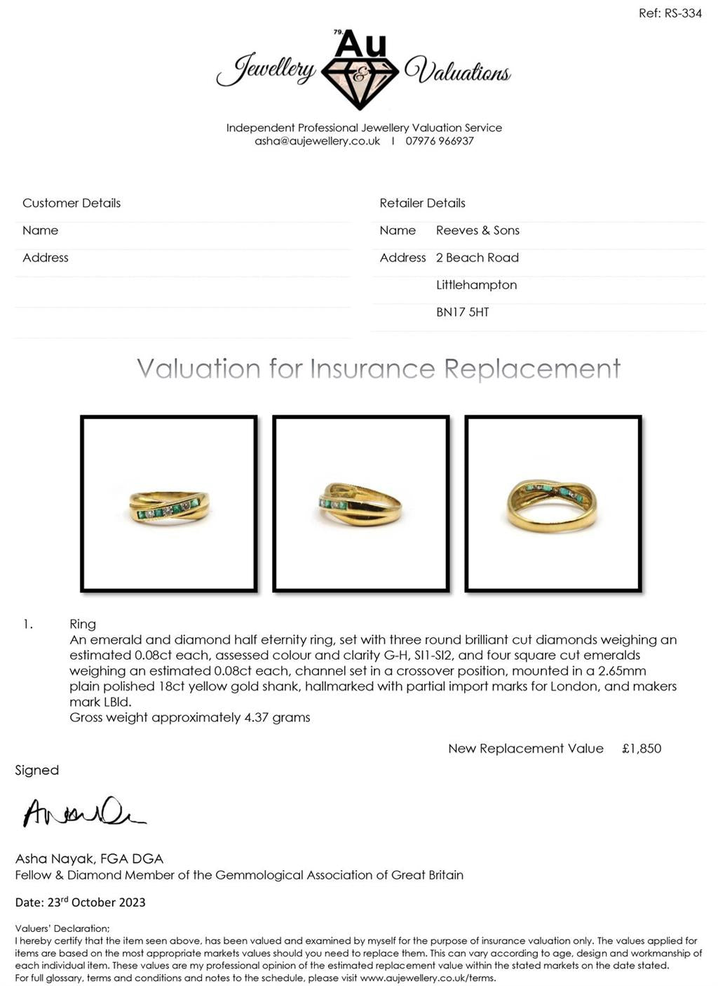 18ct yellow gold emerald and diamond half eternity ring with alternating gemstones and a sleek, polished band design.
