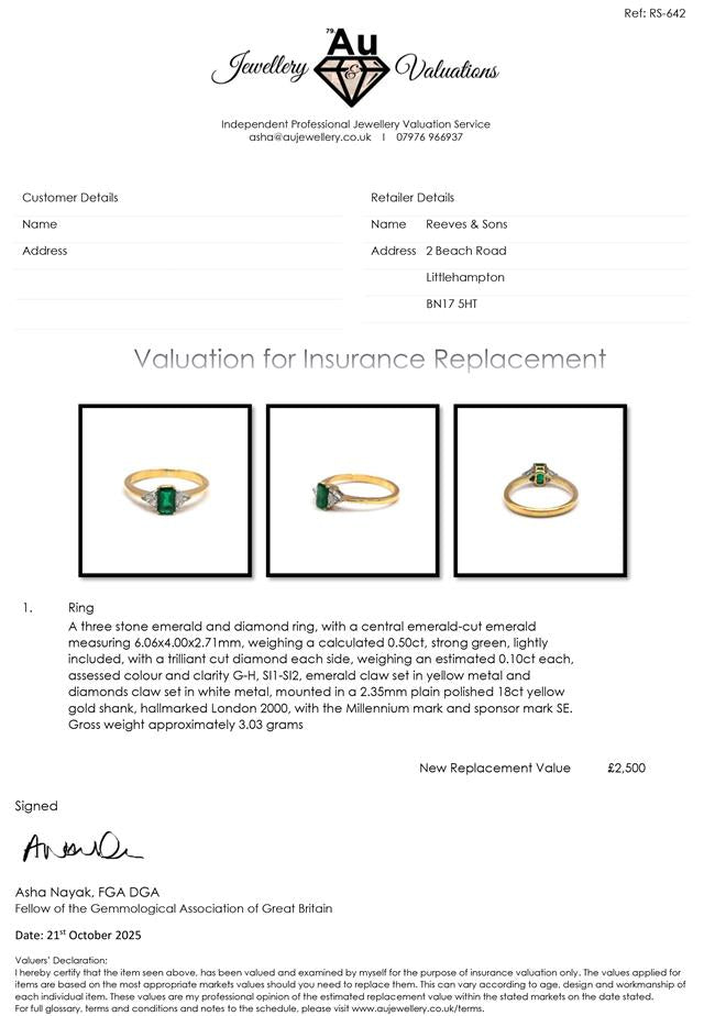 18ct yellow gold emerald and diamond ring featuring a central emerald and sparkling diamonds, elegant jewelry accessory.