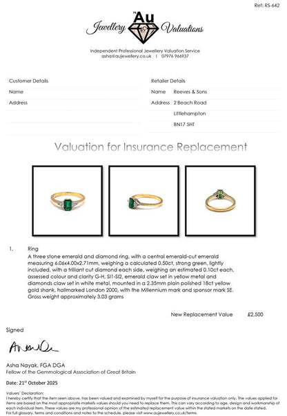 18ct yellow gold emerald and diamond ring featuring a central emerald and sparkling diamonds, elegant jewelry accessory.