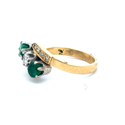 18ct yellow gold ring with emerald and diamond accents, size N, featuring a detailed design on a white background.