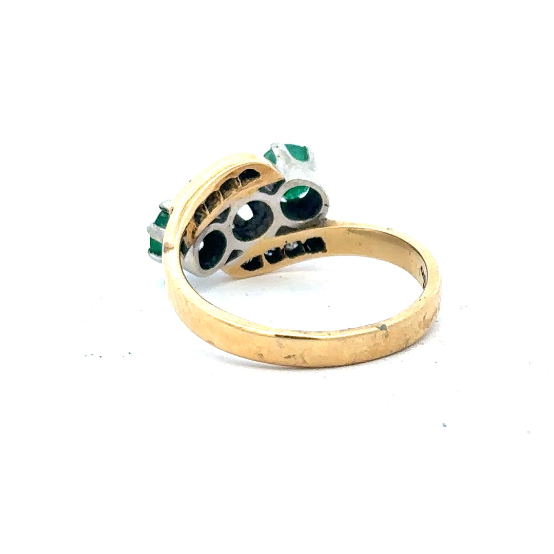 18ct yellow gold emerald and diamond ring, size N, featuring a central emerald gemstone and sparkling diamonds.