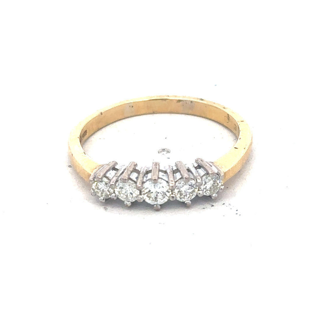 18ct yellow gold five-stone diamond ring with 1/2 carat total weight, featuring sparkling diamonds set in a classic design.
