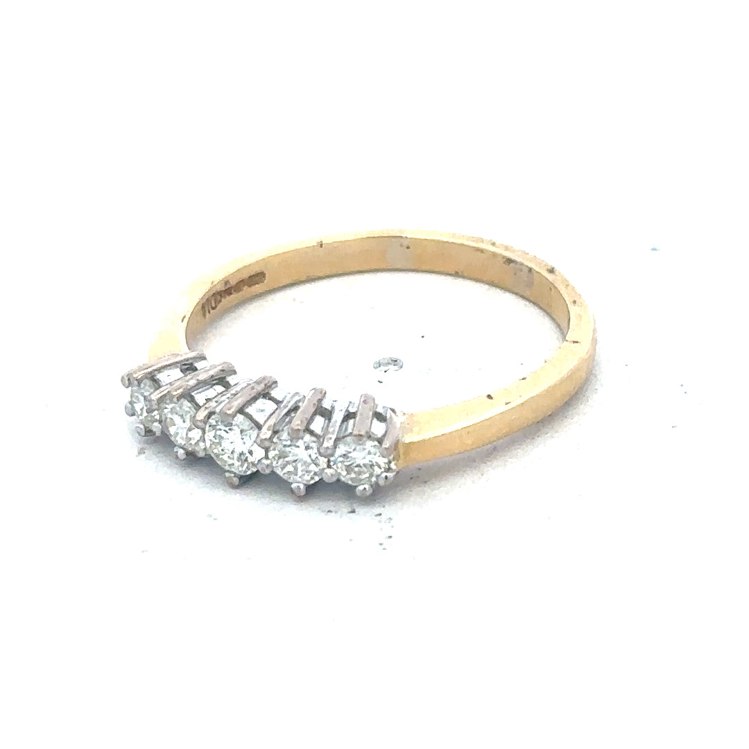 18ct yellow gold five-stone diamond ring with 1/2 carat total weight, featuring sparkling diamonds on a classic band.