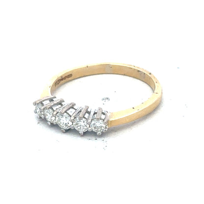 18ct yellow gold five-stone diamond ring with 1/2 carat total weight, featuring sparkling diamonds on a classic band.