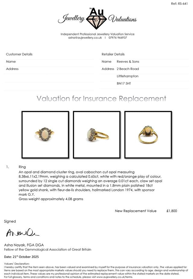 18ct yellow gold opal and diamond ring with a polished band, featuring a vibrant opal centerpiece and sparkling diamond accents.