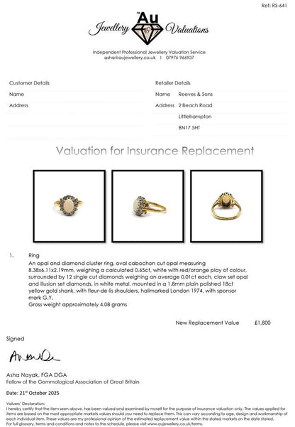 18ct yellow gold opal and diamond ring with a polished band, featuring a vibrant opal centerpiece and sparkling diamond accents.
