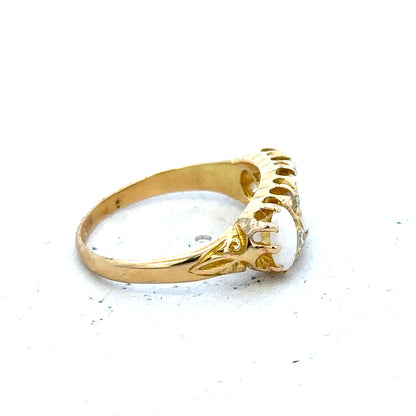 18ct yellow gold opal and diamond ring in size M, featuring a vibrant opal centerpiece with sparkling diamonds.