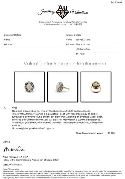 18ct yellow gold oval opal and diamond ring featuring a 1.85 carat opal and 0.60 carat diamonds, elegant jewelry piece.