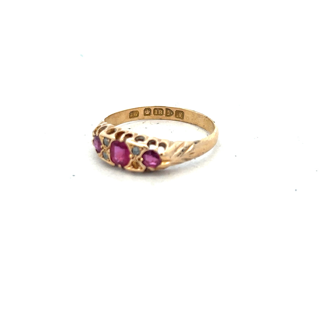 18ct yellow gold ruby and diamond ring in size P with intricate detailing and sparkling gemstones, unbranded jewelry accessory.