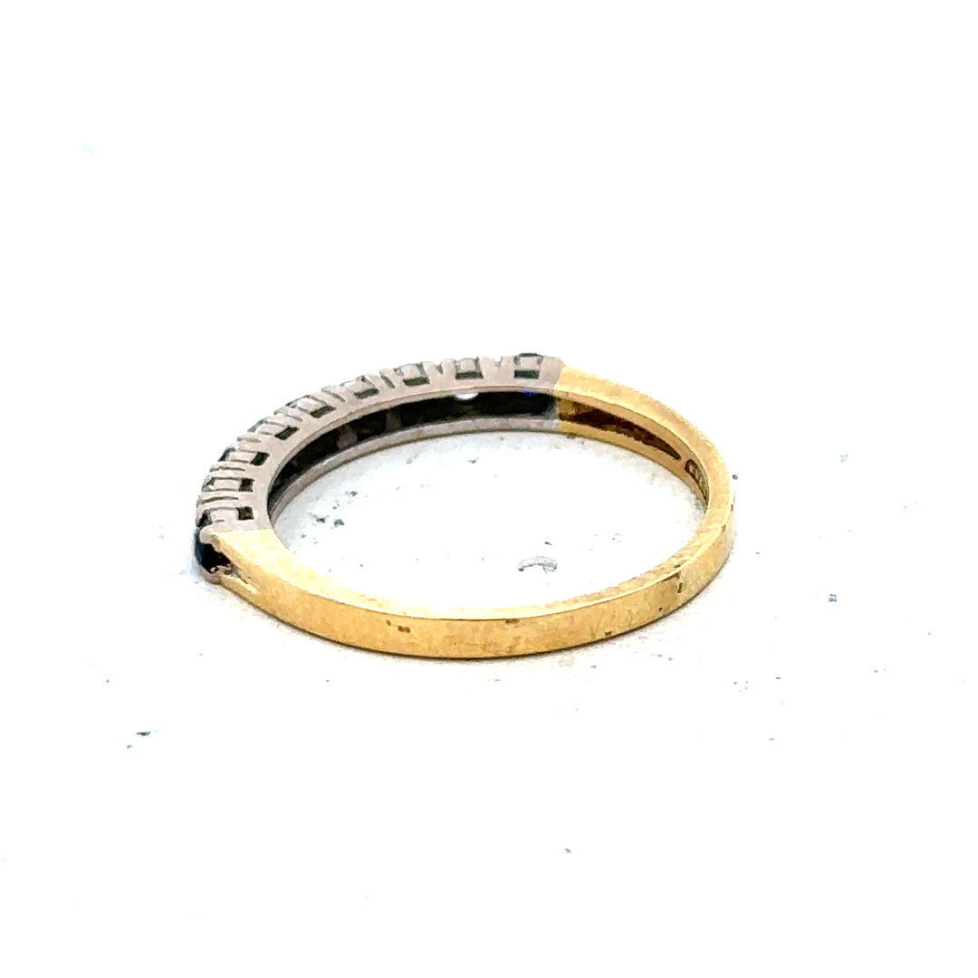 18ct yellow gold sapphire and diamond ring in size L1/2, featuring a vibrant blue sapphire centerpiece with sparkling diamonds.
