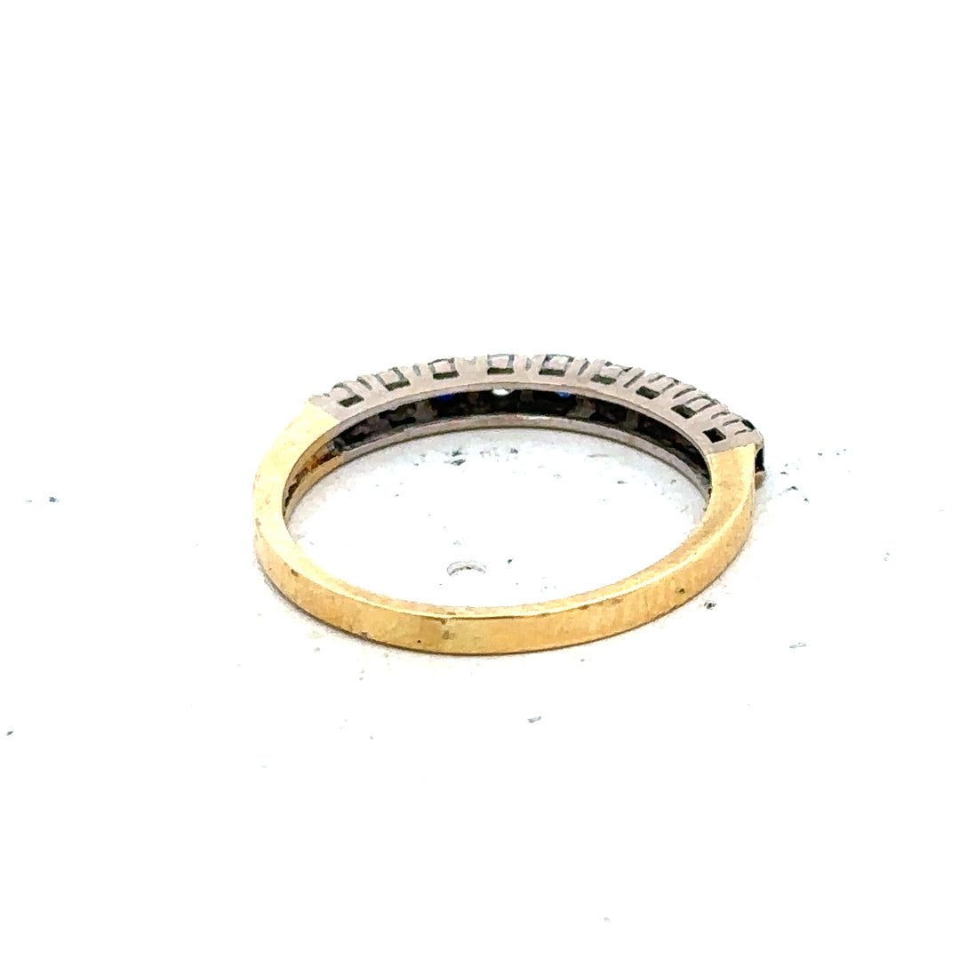 18ct yellow gold sapphire and diamond ring, size L1/2, featuring a detailed close-up of the elegant jewelry piece.