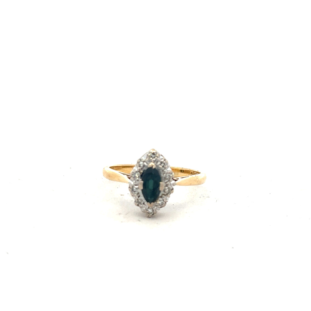 18ct yellow gold sapphire and diamond ring, size M, featuring vibrant blue sapphires and sparkling diamonds on a classic band.