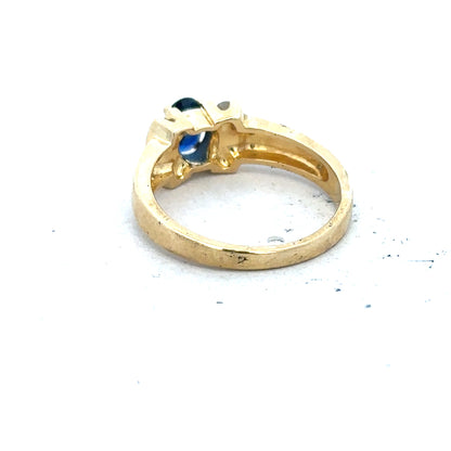 18ct yellow gold sapphire and diamond ring in size M, featuring a detailed design with sparkling gemstones.