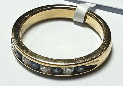 18ct yellow gold sapphire and diamond ring in size N, featuring a detailed design with sparkling gemstones.