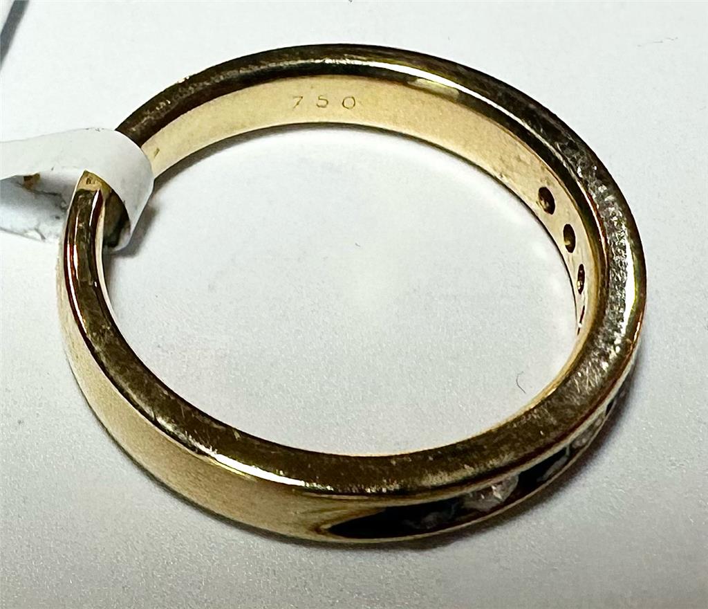 18ct yellow gold sapphire and diamond ring, size N, featuring a central blue sapphire surrounded by sparkling diamonds.