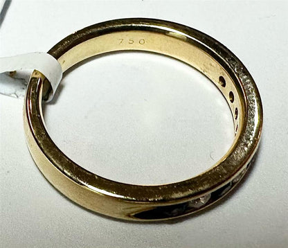 18ct yellow gold sapphire and diamond ring, size N, featuring a central blue sapphire surrounded by sparkling diamonds.
