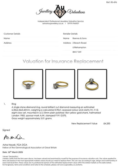 18ct yellow gold single diamond ring, unbranded, featuring a sparkling diamond set in a sleek band.