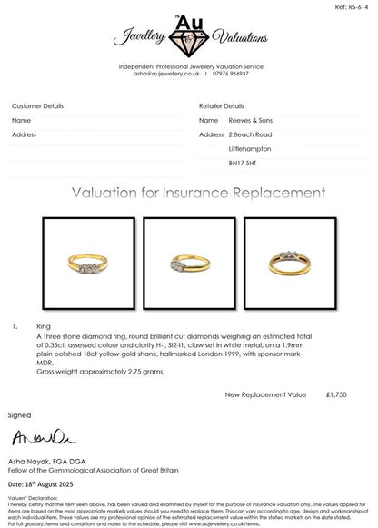 18ct yellow gold three-diamond ring with a simple, elegant band and sparkling gemstones.