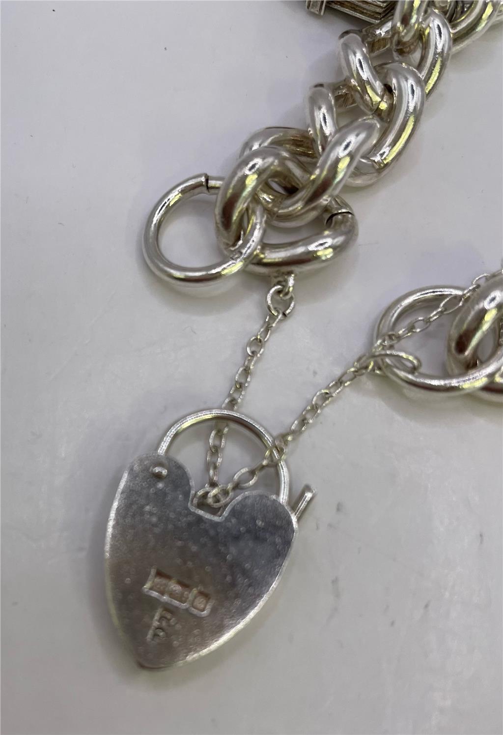 925 silver charm bracelet with intricate charms, unbranded jewelry accessory featuring a polished finish and adjustable clasp.
