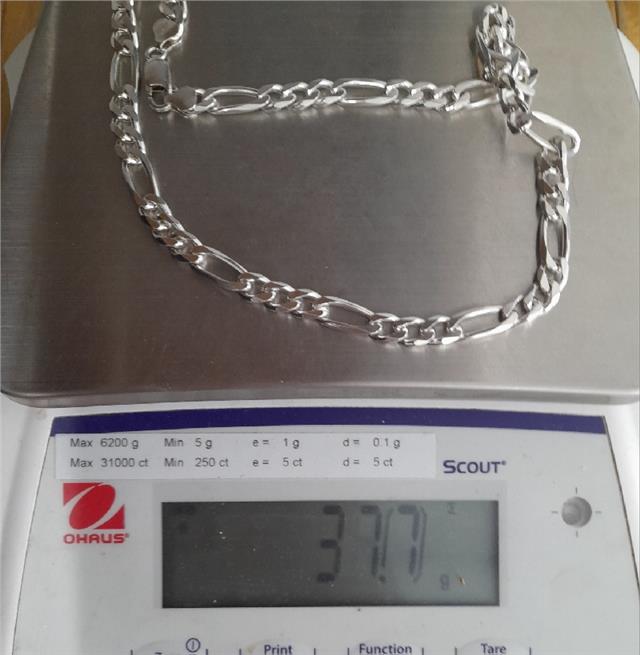 925 silver Figaro chain, 18 inch length, 37.7g, unbranded, featuring classic interlocked links in a polished finish.