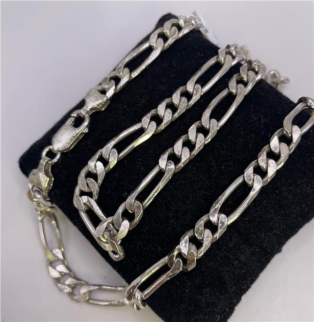 925 silver Figaro chain, unbranded, showing its intricate linked design and shiny finish.