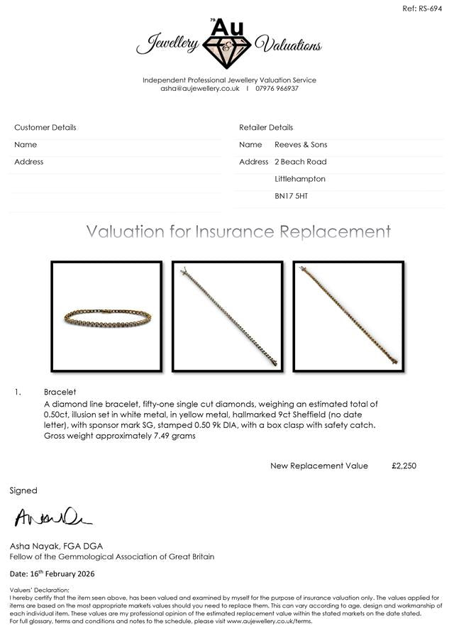 9ct diamond line bracelet with sparkling diamonds on a sleek chain, unbranded jewelry accessory.