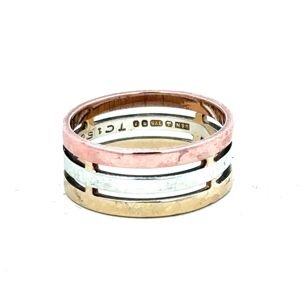 9ct gold ring in size P with a simple band design, unbranded, showcasing its polished gold finish.