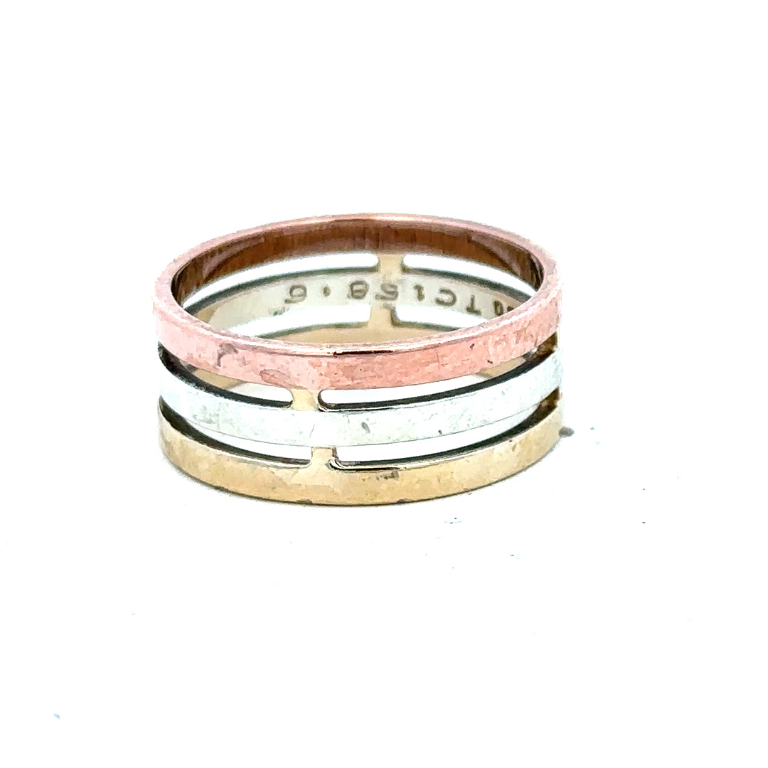 9ct gold ring size P with a smooth polished band, unbranded jewelry, shown in a close-up image highlighting its shine and craftsmanship.