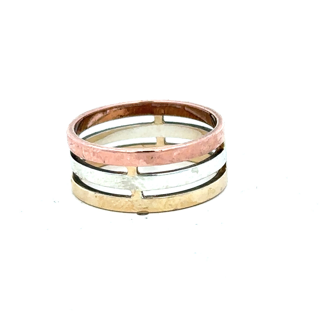 9ct gold ring in size P with a simple band design, unbranded jewelry piece, shown in a close-up image.