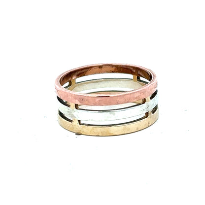 9ct gold ring in size P with a smooth band, unbranded jewelry, displayed against a neutral background.